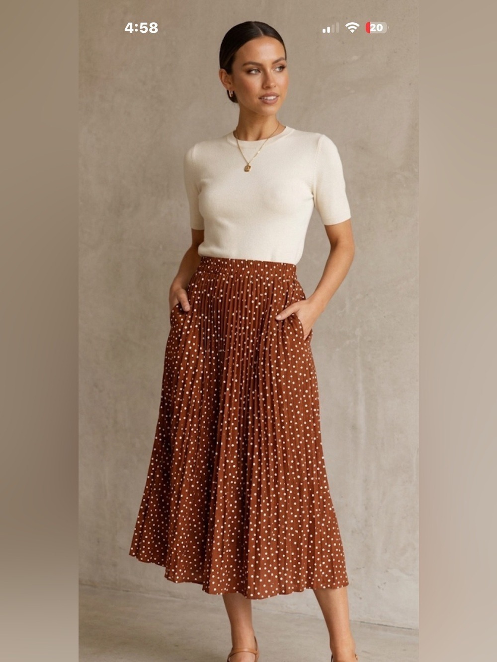 EXLURA Brown & White Polka Dot Pleated Midi Skirt w/ Pockets | Size XXL